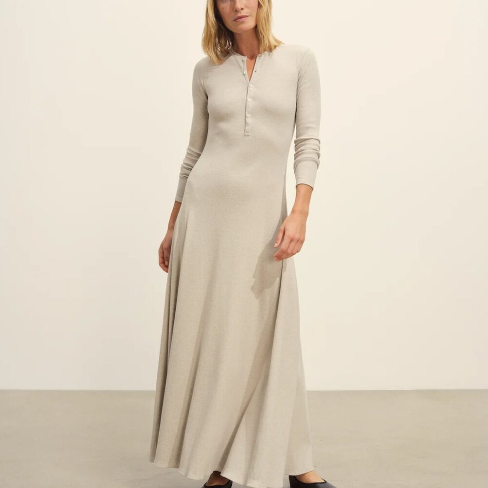 NWOT Buck Mason Surplus Rib Henley Dress in Marled Flint, Size XS